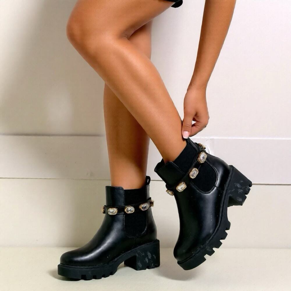 CUSHIONAIRE Julie Women 6.5M Chunky Combat Boots Black Jeweled strap Clubwear